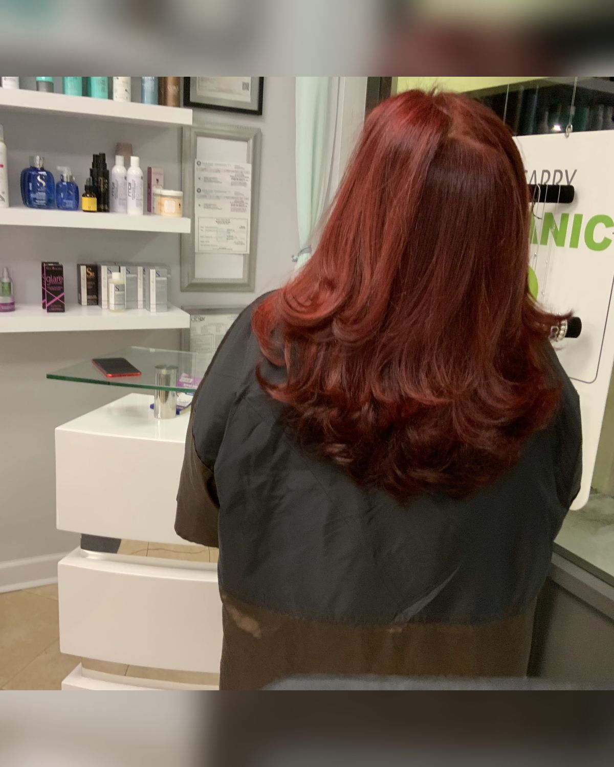 Deep red with dimension through the mid-lengths — Toucheé Organic Salon, Juno Beach